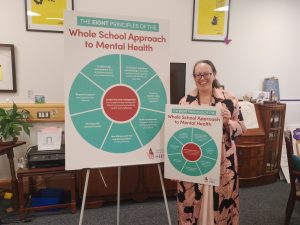 Sarah holding presentation boards